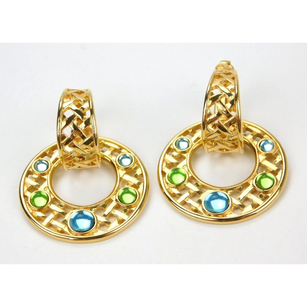 Sandi Miller Burrows Convertible Blue & Green Basket Weave Woven Hoop Earrings